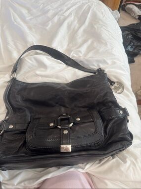 Michael Kors Black Leather Hobo Shoulder Bag with MK Charm